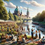 DALL·E 2024-02-24 11.53.00 - Capture a hyper-realistic photo of a lively beer party taking place on the banks of the Leine River in Hannover, with an emphasis on photorealism. The.webp
